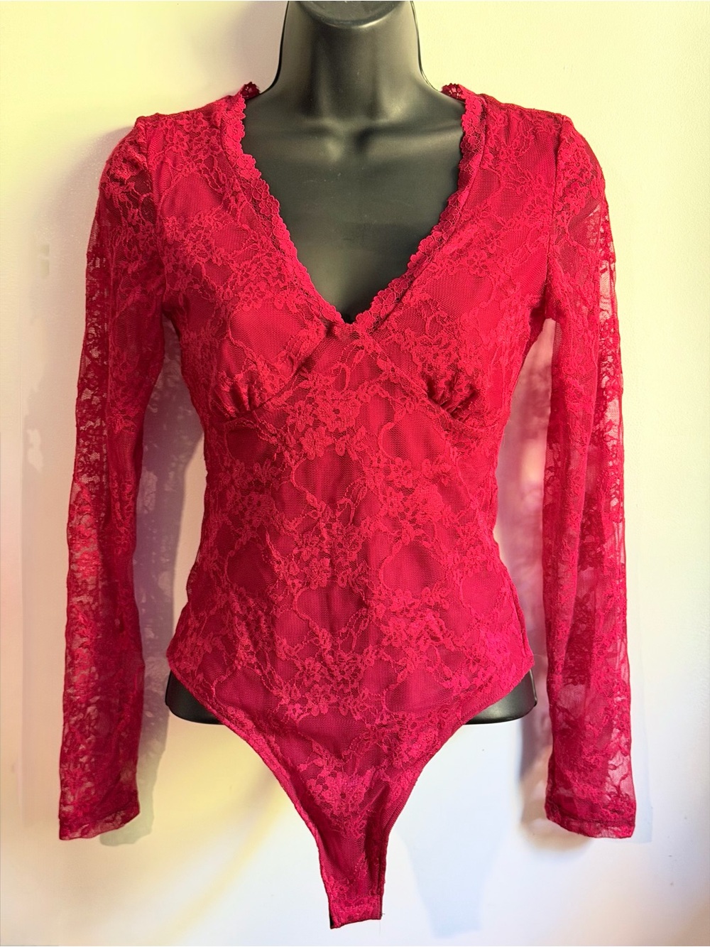 Red  Sleeve Lace Shapewear Bodysuit Mock Neck Compressive Snatched Thong Back
